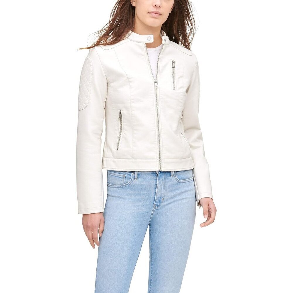 Women's Oyster Imported Pu Faux Leather Motocross Zip-up Racer Jacket